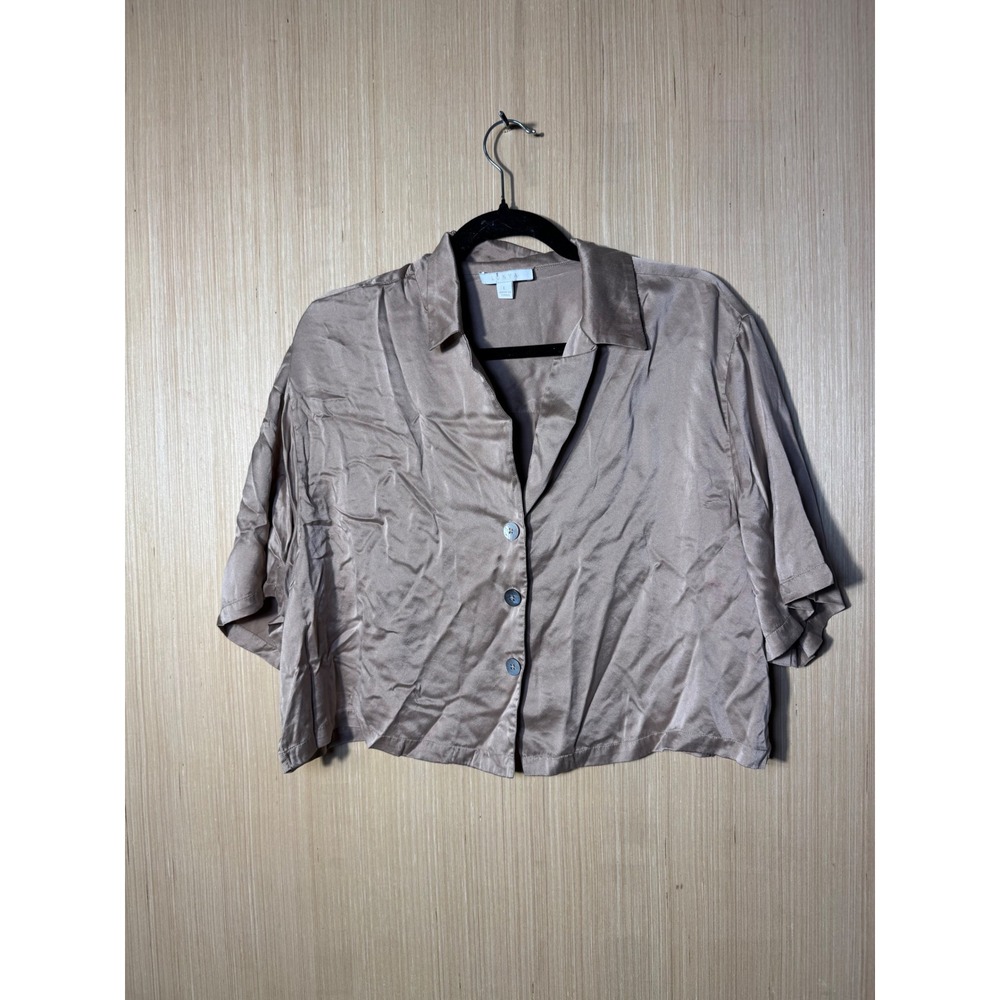 Lunya Washable Silk Pajama Set Tan Taupe Short Sleeve Button Top Shorts Womens L